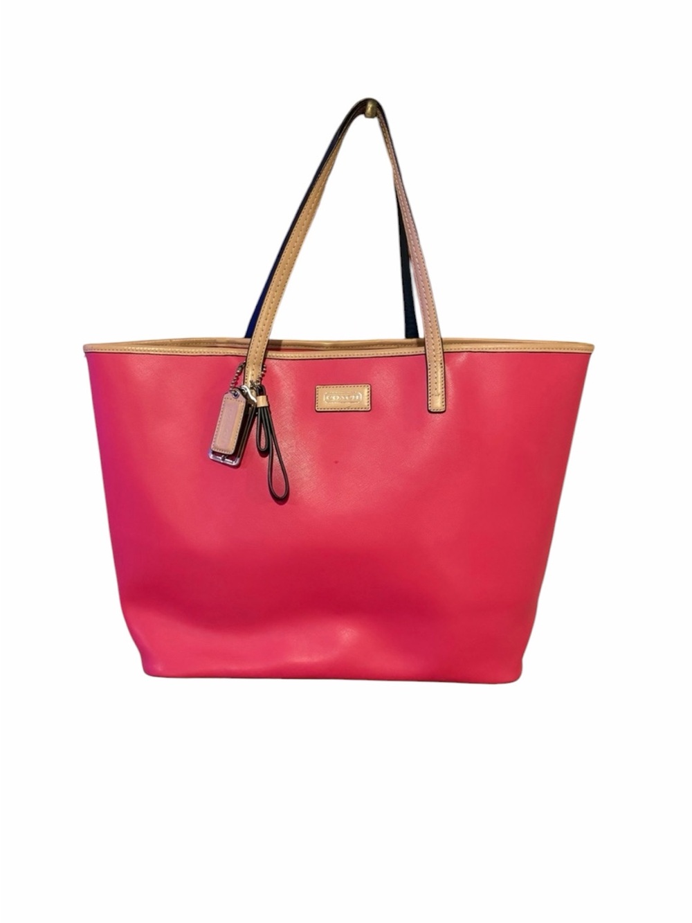 Coach Bright Pink Leather Tote with Tan Trim